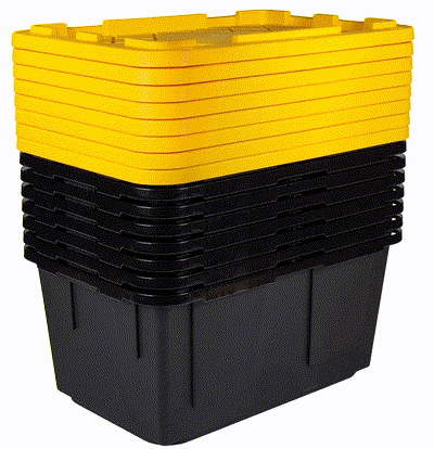 A stack of Tina's black moving totes with yellow snap-on lids